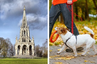 Monument Léopold Ier / Chien en laisse tenant son jouet – Parc de Laeken