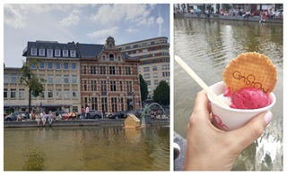 Des gens assis le long du Quai aux Briques et dégustent une glace et une glace savoureuse dans un pot