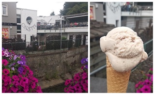 Vue sur la terrasse de la crèmerie Maison Carette à Ottignies et une cornet de crème glacée avec des pétunias en fleurs en arrière-plan