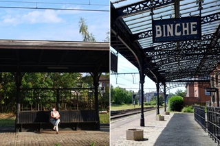 Links: een vrouw zit op een bank op het perron in het station van Binche. Rechts: het perron van het station van Binche.