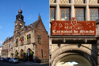 Links: de Grote Markt van Binche met het stadhuis en het belfort. Rechts: close-up van de ingang van het internationale museum van het carnaval.