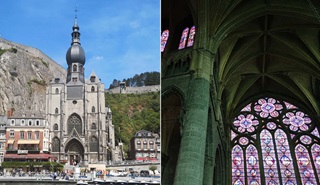 Links: De collegiale Onze-Lieve-Vrouwkerk. Rechts: glas-in-lood ramen in de collegiale kerk.