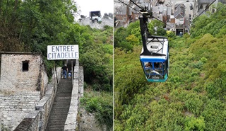 Links: de trappen naar de citadel. Rechts: Kabelbaan van Dinant.