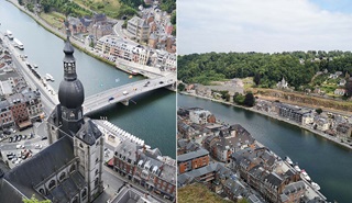 Duikzicht van boven op de citadel, met de imposante klokkentoren van de collegiale.