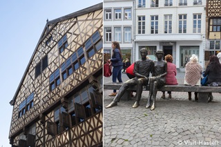 Links: ‘t Sweert, vakwerkhuis in Maaslandse stijl op de Grote Markt in Hasselt. Rechts: beeld van Hendrik en Katrien.