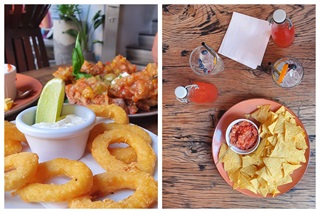 Tapasschotels. Links: gebakken inktvis met een dipsaus en rechts: nacho's in tomatensaus