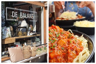 Links: vitrine van een decoratiewinkel / Rechts: bord spaghetti à la Bolognese