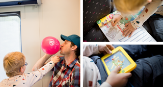 Vader en zoon spelen gezelschapsspelletjes in de trein.