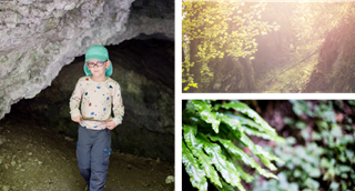 Links: een jongetje komt uit de grotten van Furfooz gelopen. Rechts: de natuur rond de grotten van Furfooz.