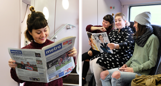 Deux amies lisent le journal métro dans le train