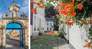 Links: de monumentale toegangspoort van het Begijnhof in Lier. Rechts: een steegje in het Begijnhof van Lier met witte huisjes.