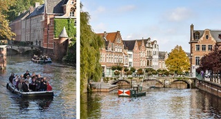 Links: een bootje in Lier vaart onder de brug door. Rechts: zicht op een bootje op het water en historische huizen op de oever.