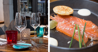 Links: een mooie gedekte tafel. Rechts: een voorgerecht met zalm. 