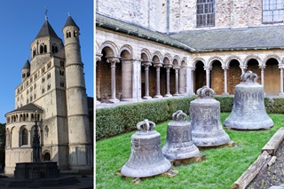 Rechts: Collegiale Sint-Gertrudiskerk in Nijvel / links: Klooster met reuzenklokken